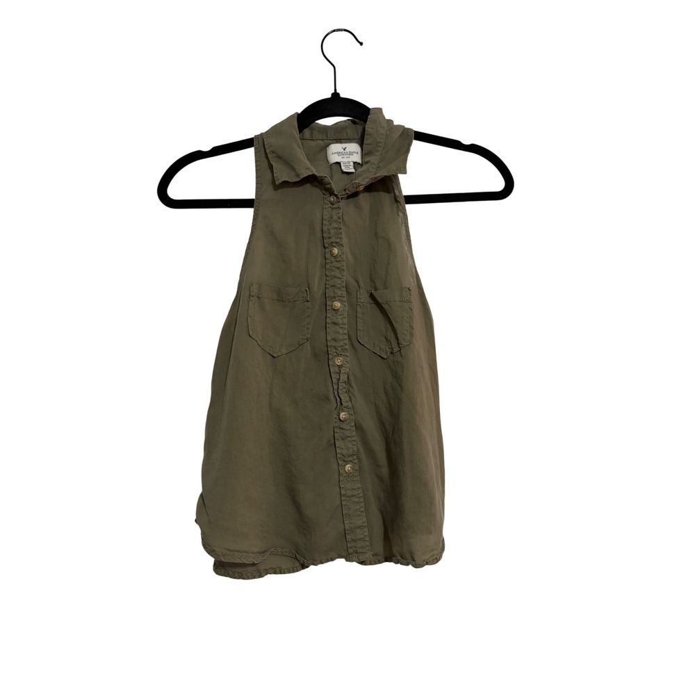 American Eagle Sleeveless Button Down Safari Olive Green Split Back XS‎ Boho